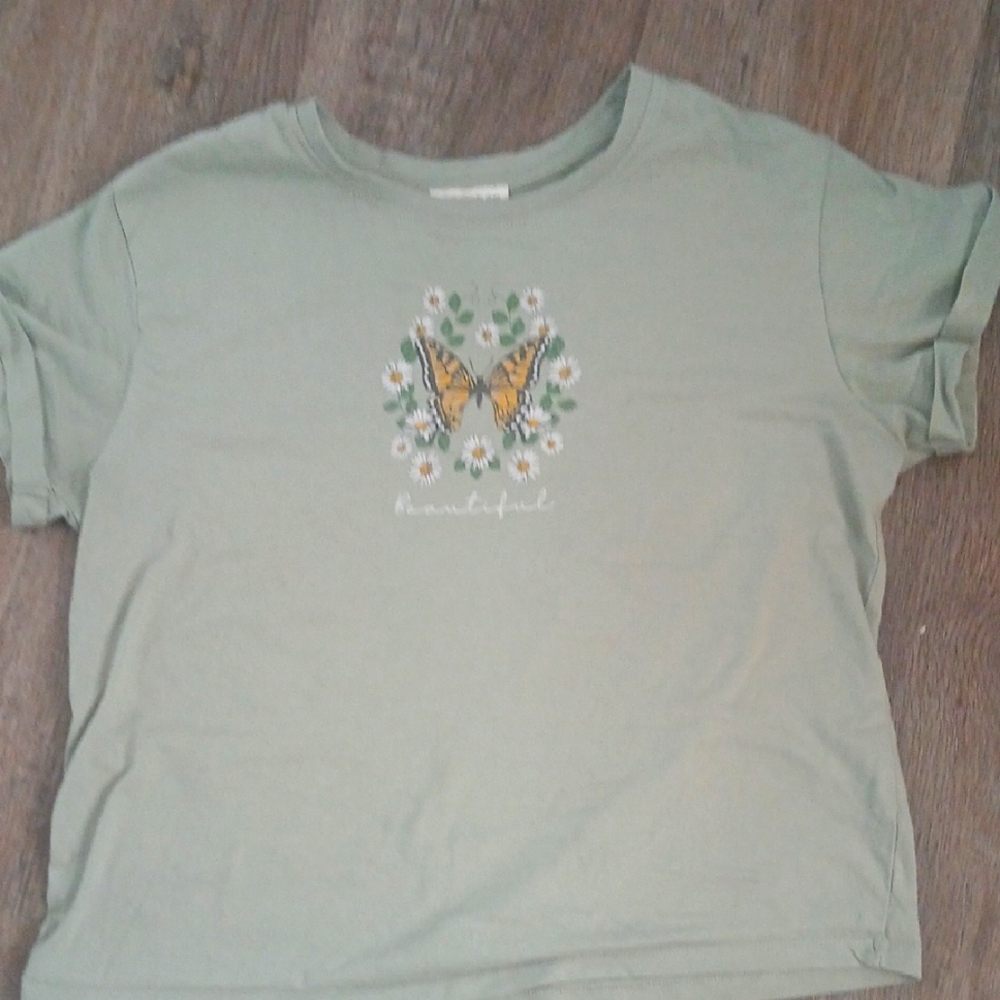 Green Butterfly Print Short Sleeve Tee